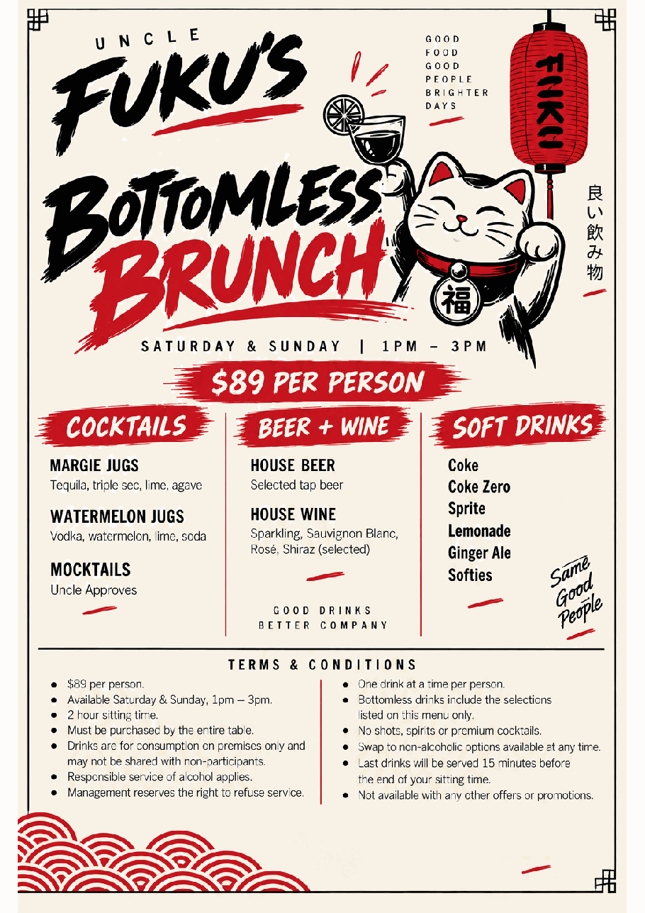 Uncle Fuku’s Bottomless Brunch, $89 per person, Saturday and Sunday, 1pm–3pm.