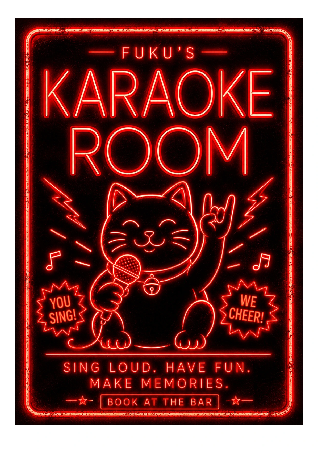 Fuku’s Karaoke Room: you sing, we cheer. Sing loud, have fun, make memories. Book at the bar.
